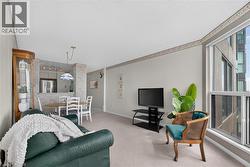 Open concept living area featuring expansive windows, neutral wall tones, and carpet flooring - 