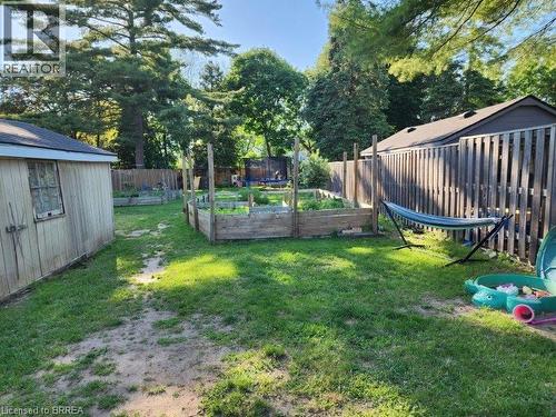 Expansive backyard featuring a manicured lawn, multiple raised garden beds, a storage shed with a window, and a wood privacy fence - 86 North Park Street, Brantford, ON 