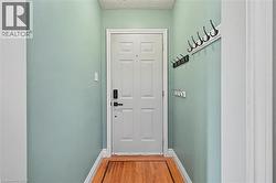 Entryway featuring a paneled door with modern hardware, wood-finish flooring, light green wall finishes, and white trim - 