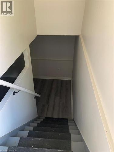 Staircase featuring a white handrail with black brackets, carpeted treads, and light gray risers - 58 Farrier Drive Unit# Basement, Kitchener, ON - Indoor Photo Showing Other Room