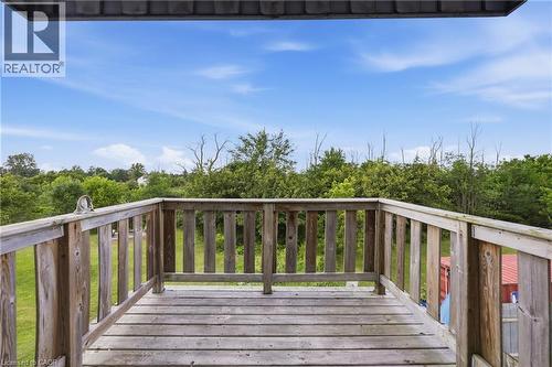 Elevated wooden deck with baluster railing, overlooking expansive green space with mature trees - 97 Smith Road, Hamilton, ON 