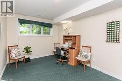 Spacious room featuring patterned green carpeting, light-toned walls, and white trim - 