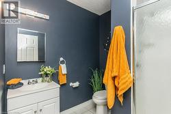 Bathroom featuring a single vanity with a white countertop and base cabinetry, a wall-mounted mirror, overhead bar lighting, a toilet, and a frosted glass shower enclosure - 