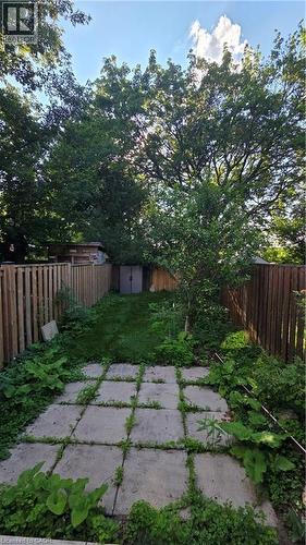 Fenced backyard featuring a paver patio area, green lawn space, and mature trees - 33 Hawthorne Avenue, Hamilton, ON 