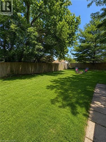 Expansive lawn area featuring a wood privacy fence, mature trees, and a paved pathway - 355 East 36Th Street, Hamilton, ON 