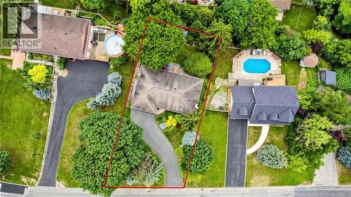 Aerial property view featuring a winding paved driveway, mature trees, and expansive green spaces - 438 Lexington Road, Waterloo, ON 