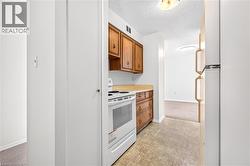 Kitchen featuring wood cabinetry, solid surface countertops, a white electric range, and vinyl flooring - 