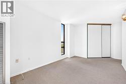 Spacious room featuring neutral carpet flooring, white painted walls, and a large window with a black frame - 