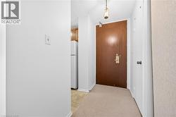 Entryway with a solid wood door and brass hardware, featuring carpet flooring and a suspended ceiling light fixture - 