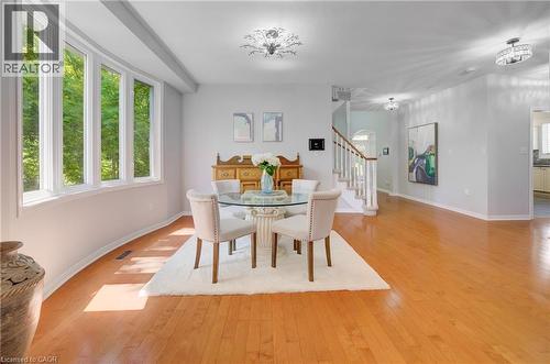 Spacious room featuring multiple tall windows, light wood-finish flooring, and light-toned wall paint - 23 Buerkle Court, Kitchener, ON - Indoor Photo Showing Dining Room