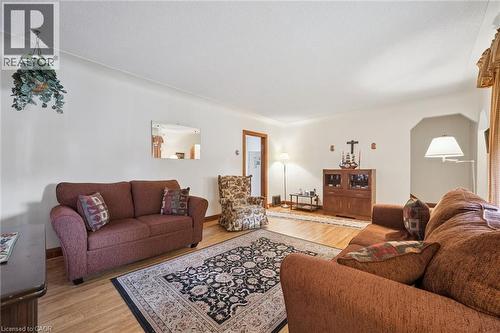 Bright living area featuring wood-finish flooring, white walls, and a large area rug - 75 Arnold Street, Kitchener, ON - Indoor Photo Showing Living Room