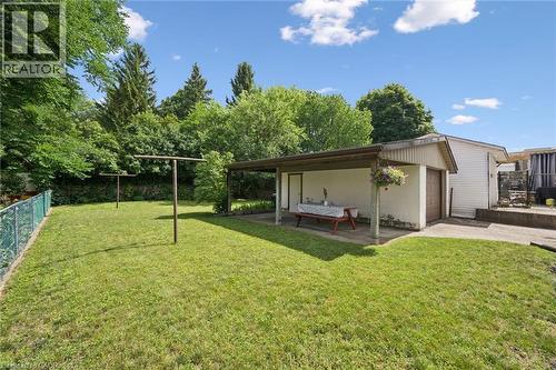 Spacious grassy yard featuring mature trees, a chain-link fence, and a covered patio area with an attached garage - 75 Arnold Street, Kitchener, ON - Outdoor