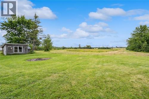 Expansive green lawn with mature trees and a rustic shed - 87 Mud Street E, Grimsby, ON 