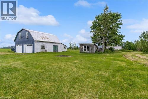 Expansive green space featuring a large barn with two garage doors, a standalone shed, and a mature tree - 87 Mud Street E, Grimsby, ON 