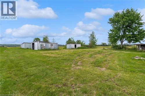 Expansive grassy terrain featuring multiple outbuildings and mature trees under a clear sky - 87 Mud Street E, Grimsby, ON 