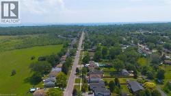 Aerial perspective showcasing a residential street with mature trees and green spaces - 