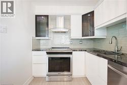 Contemporary kitchen featuring white flat-panel cabinetry, dark granite countertops, and a full-height glass tile backsplash - 