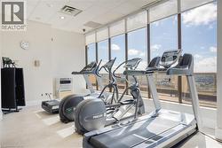 Fitness room with wall-to-wall windows, roller shades, recessed lighting, and a neutral color palette - 