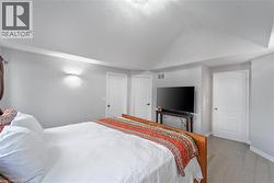 Interior room featuring a vaulted ceiling and light wood-finish flooring - 