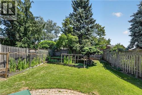 Expansive backyard featuring a lush lawn, perimeter wood fencing, mature trees, and multiple raised garden beds - 3346 Chartrand Crescent, Mississauga, ON - Outdoor With Backyard