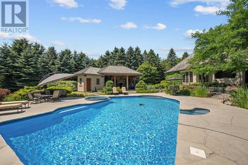 Inground Saltwater Pool with an Integrated Hot Tub - 10090 Pineview Trail, Milton, ON - Outdoor With In Ground Pool With Deck Patio Veranda With Backyard