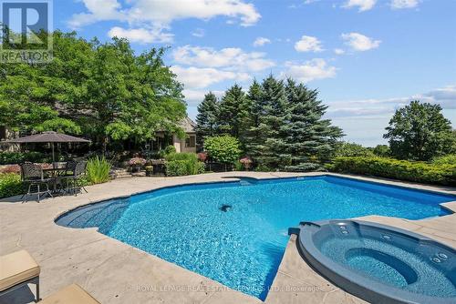 Inground Saltwater Pool with an Integrated Hot Tub - 10090 Pineview Trail, Milton, ON - Outdoor With In Ground Pool With Backyard