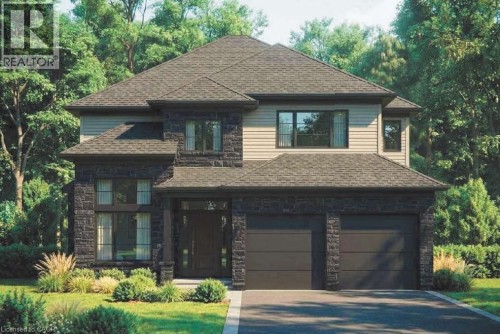 Contemporary residence featuring a prominent gabled roofline, stone facade elements, neutral-toned siding, and a two-car garage with dark paneled doors - 4239 Fly Road, Campden, ON - Outdoor With Facade