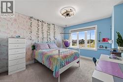 Bedroom featuring a large window, soft carpeting, and a ceiling-mounted light fixture - 