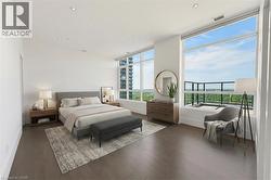 Virtually staged. Expansive bedroom featuring floor-to-ceiling windows, wood-finish flooring, recessed lighting, and a private outdoor balcony with a glass railing - 