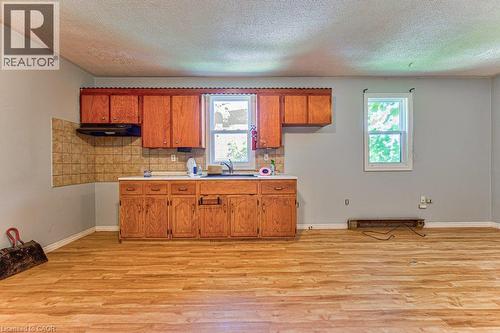 Kitchen area featuring wood-finish flooring, wood cabinetry, built-in sink, and a tiled backsplash - 819 Duke Street, Cambridge, ON - Indoor Photo Showing Kitchen