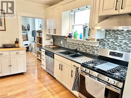 Kitchen featuring light wood-finish flooring, white cabinetry with dark hardware, a mosaic tile backsplash, stainless steel appliances, and a double basin sink - 88 Brook Street, Simcoe, ON - Indoor Photo Showing Kitchen With Double Sink With Upgraded Kitchen