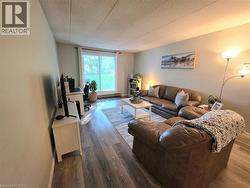 Spacious living area featuring wood-finish flooring, light-colored wall paint, and a large sliding glass door opening to a green outdoor space - 