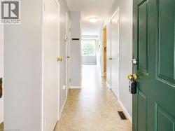 Entryway featuring a green paneled door with brass hardware, light-toned vinyl flooring, and light gray walls - 