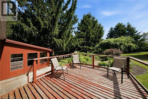 Spacious outdoor deck with wood railings, overlooking a landscaped yard with mature evergreen trees and diverse shrubbery - 1598 Highway No 6, Hamilton, ON - Outdoor