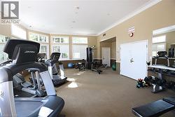 Fitness room featuring carpet flooring and extensive window coverage with horizontal blinds - 