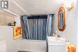 Compact bathroom featuring a built-in tub with shower, white pedestal sink with brass-finish faucet, and a decorative framed mirror - 