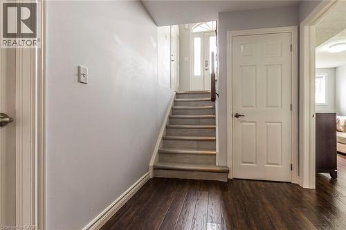 Entry foyer featuring dark wood-finish flooring, a staircase with neutral-toned treads, white trim, and a paneled door with dark hardware - 44 Lemon Grass Street, Kitchener, ON - Indoor Photo Showing Other Room