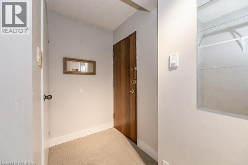 Entryway featuring a wood-finish door, light-colored carpeting, white baseboards, and a recessed wall niche - 75 Hazelglen Drive Unit# 308, Kitchener, ON - Indoor Photo Showing Other Room