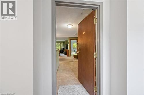 Entryway featuring a wood-panel door with brass hardware, light-toned wall paint, and a ceiling-mounted light fixture illuminating the space - 4 Albert Street Unit# 105, Cambridge, ON - Indoor Photo Showing Other Room