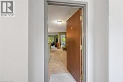 Entryway featuring a wood-panel door with brass hardware, light-toned wall paint, and a ceiling-mounted light fixture illuminating the space - 