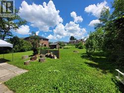 Expansive green lawn with mature trees and a dedicated fire pit area featuring log seating - 