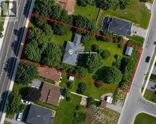 Aerial Map. Depicting the property boundary and surrounding street layout - 879 West 5Th Street, Hamilton, ON - Outdoor With View
