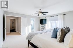 Carpeted room featuring light gray wall paint, a ceiling fan with light, and a window with white blinds and sheer curtains - 