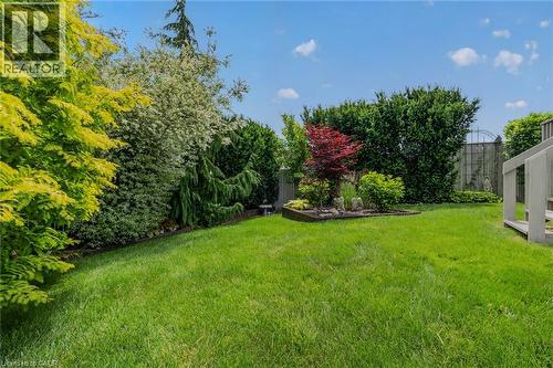 Expansive lawn featuring mature trees and shrubs, a raised garden bed, and a partial deck structure - 51 Millcroft Drive, Simcoe, ON - Outdoor
