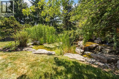 Landscaped outdoor area featuring a tranquil rock waterfall, a pond with aquatic plants, and mature trees providing natural shade - 4278 Clubview Drive, Burlington, ON - Outdoor