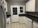 Galley kitchen featuring white cabinetry, dark countertops, white tile flooring, and a glass-paned exterior door - 1066 Richmond Street, London, ON  - Indoor Photo Showing Kitchen 
