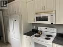 Kitchen featuring white cabinetry, dark speckled countertops, and an electric range with an over-the-range microwave - 1066 Richmond Street, London, ON  - Indoor Photo Showing Kitchen 