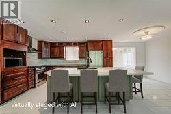 Kitchen featuring an expansive island with countertop seating, rich wood cabinetry, stainless steel appliances, a modern range hood, and light-toned tile flooring - 