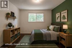 Bedroom featuring a paneled accent wall, wood-finish flooring, and a single window with white trim - 