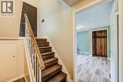 Staircase featuring wood steps with carpet treads, a white decorative metal railing, and a wood handrail - 